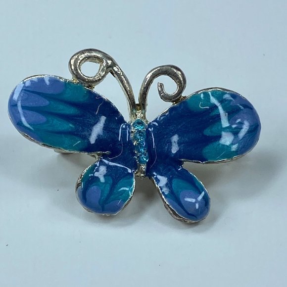 Silver & Shade of Blue Enameled Butterfly Pin Brooch Jewelry Rhinestone Accents - Picture 13 of 16